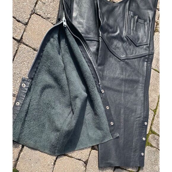 Hudson Genuine Leather Motorcycle Biker Moto BLACK Chaps Pants Size UNISEX XL - Picture 7 of 9